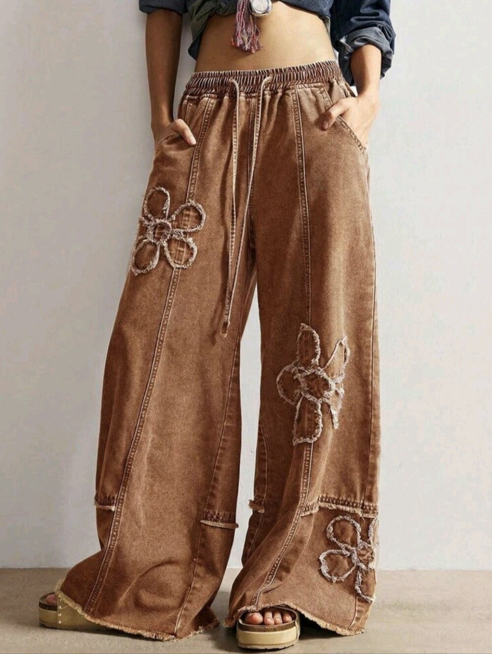 Women's Casual Beige Wide Leg Pants With Plant Patches And Pockets Long Woven - Picture 2 of 9